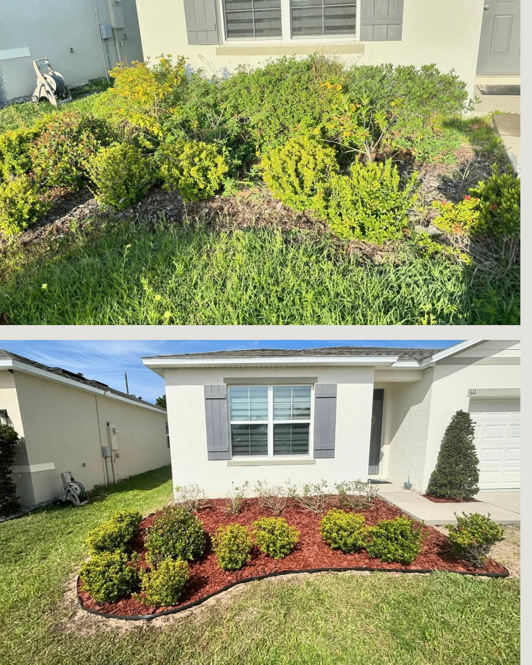 Before and after landscaping with fresh flower beds